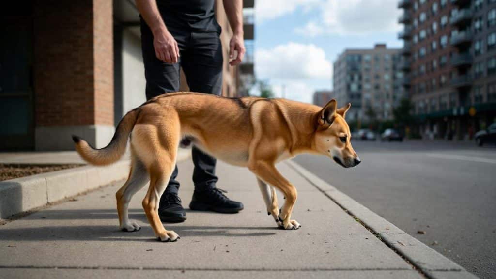 Chien qui boîte sur trottoir